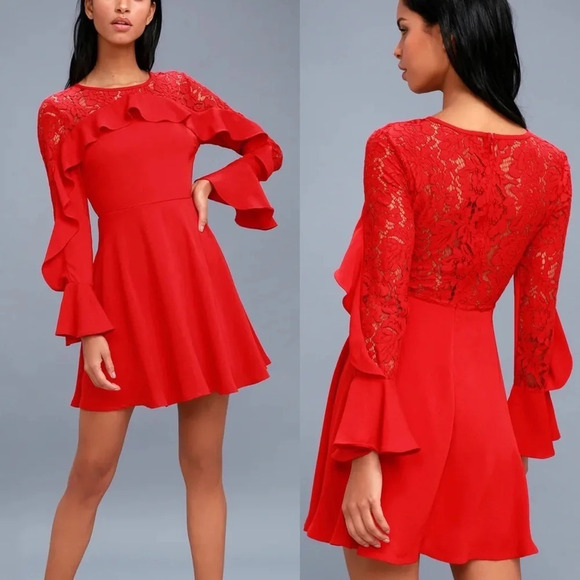 Lulu’s Secret Kiss Red Lace Long Sleeve Dress Sz Small - Picture 1 of 7